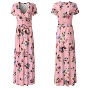 Deep V-neck High Waist Floral Print Tee Length Dress