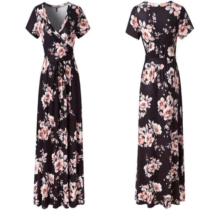 Deep V-neck High Waist Floral Print Tee Length Dress