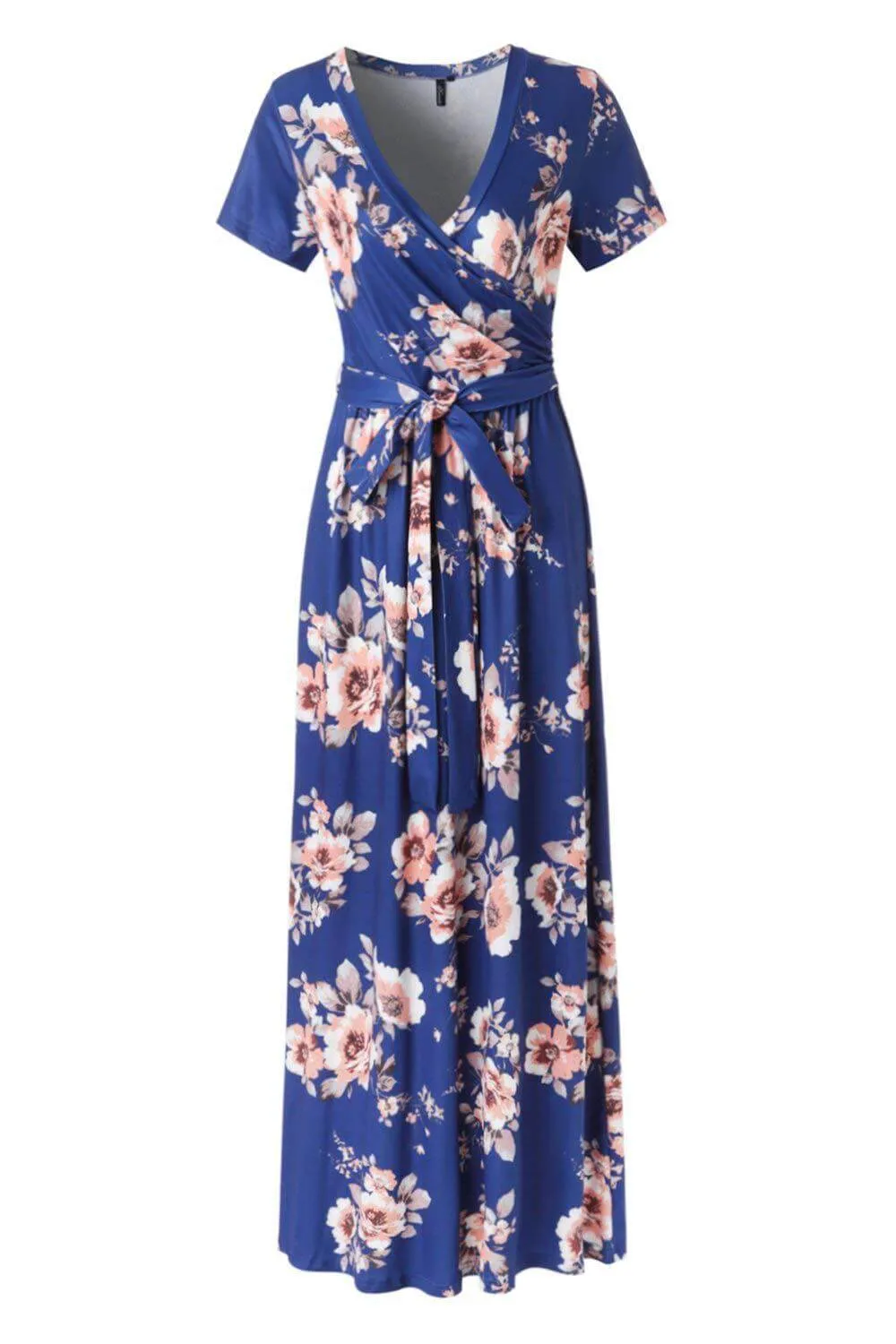 Deep V-neck High Waist Floral Print Tee Length Dress