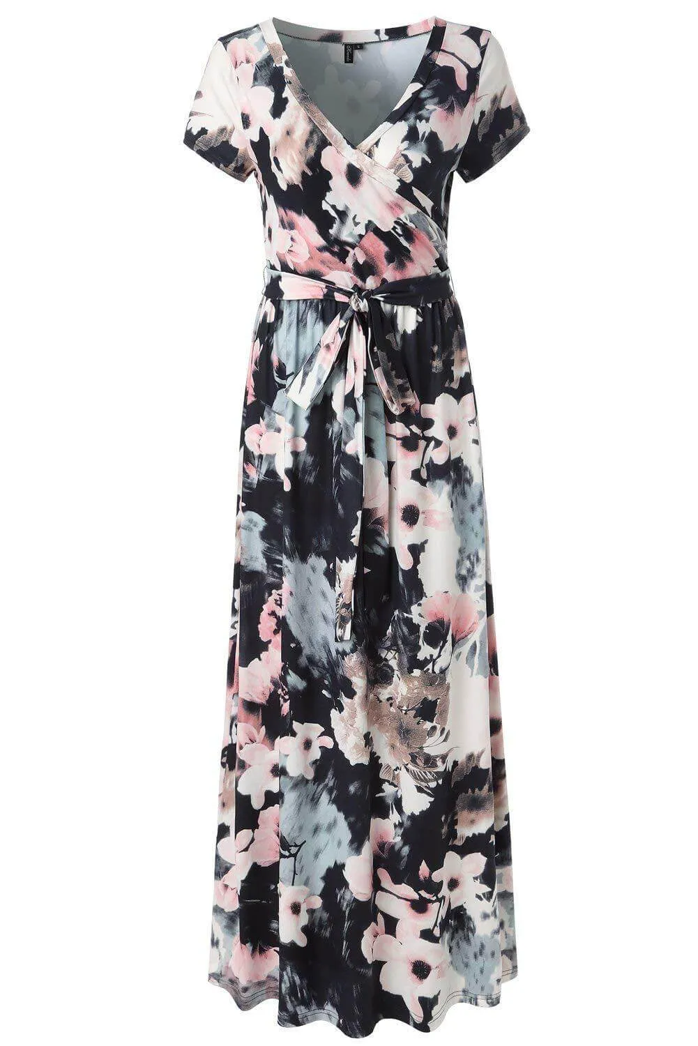 Deep V-neck High Waist Floral Print Tee Length Dress