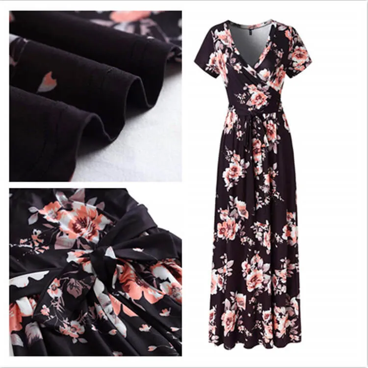 Deep V-neck High Waist Floral Print Tee Length Dress