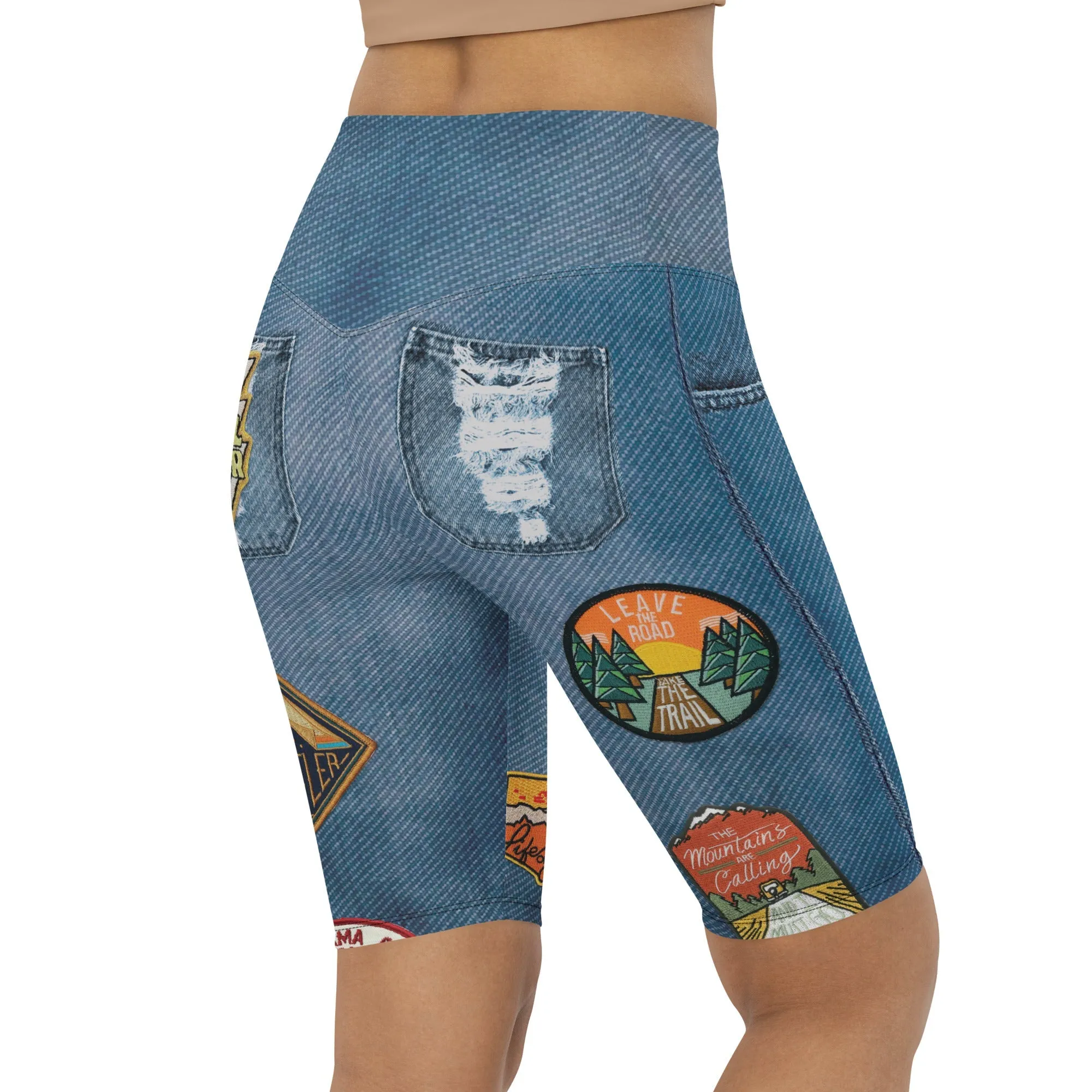 Denim Patch Print Biker Shorts