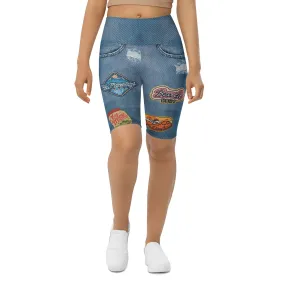 Denim Patch Print Biker Shorts