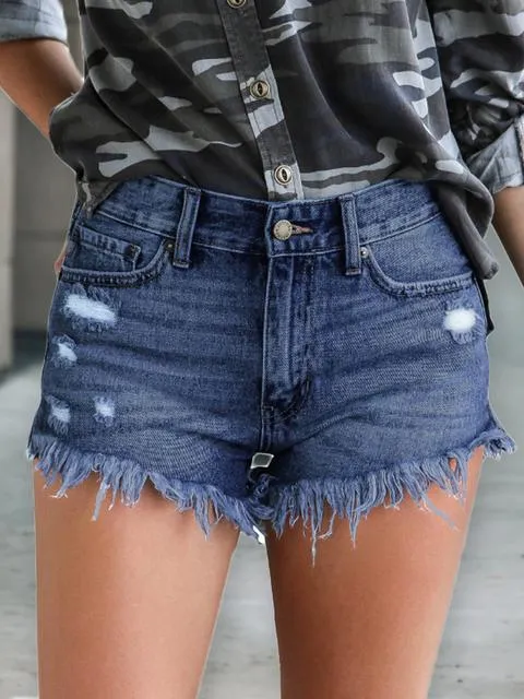 Denim Ripped Tassel Solid Shorts