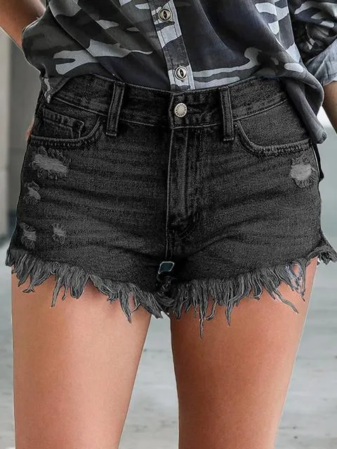 Denim Ripped Tassel Solid Shorts