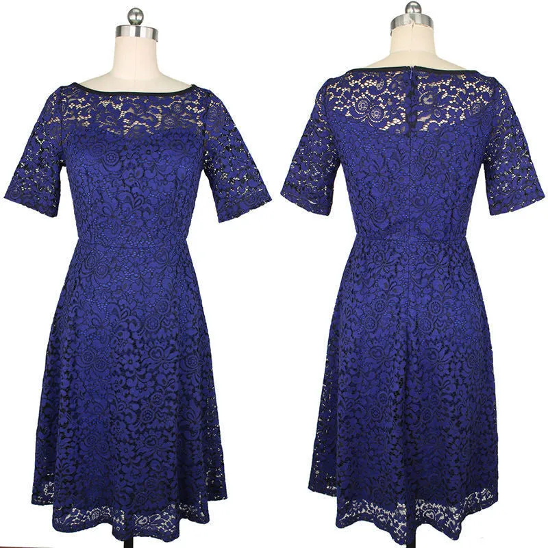 Elegant Floral Lace Short Sleeve Scoop Knee-Length Dress