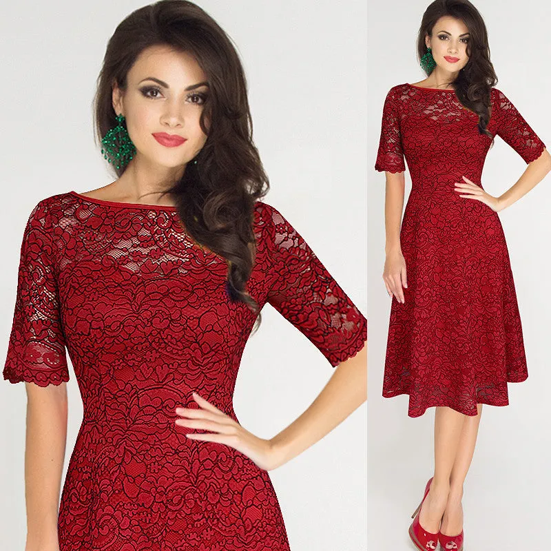 Elegant Floral Lace Short Sleeve Scoop Knee-Length Dress