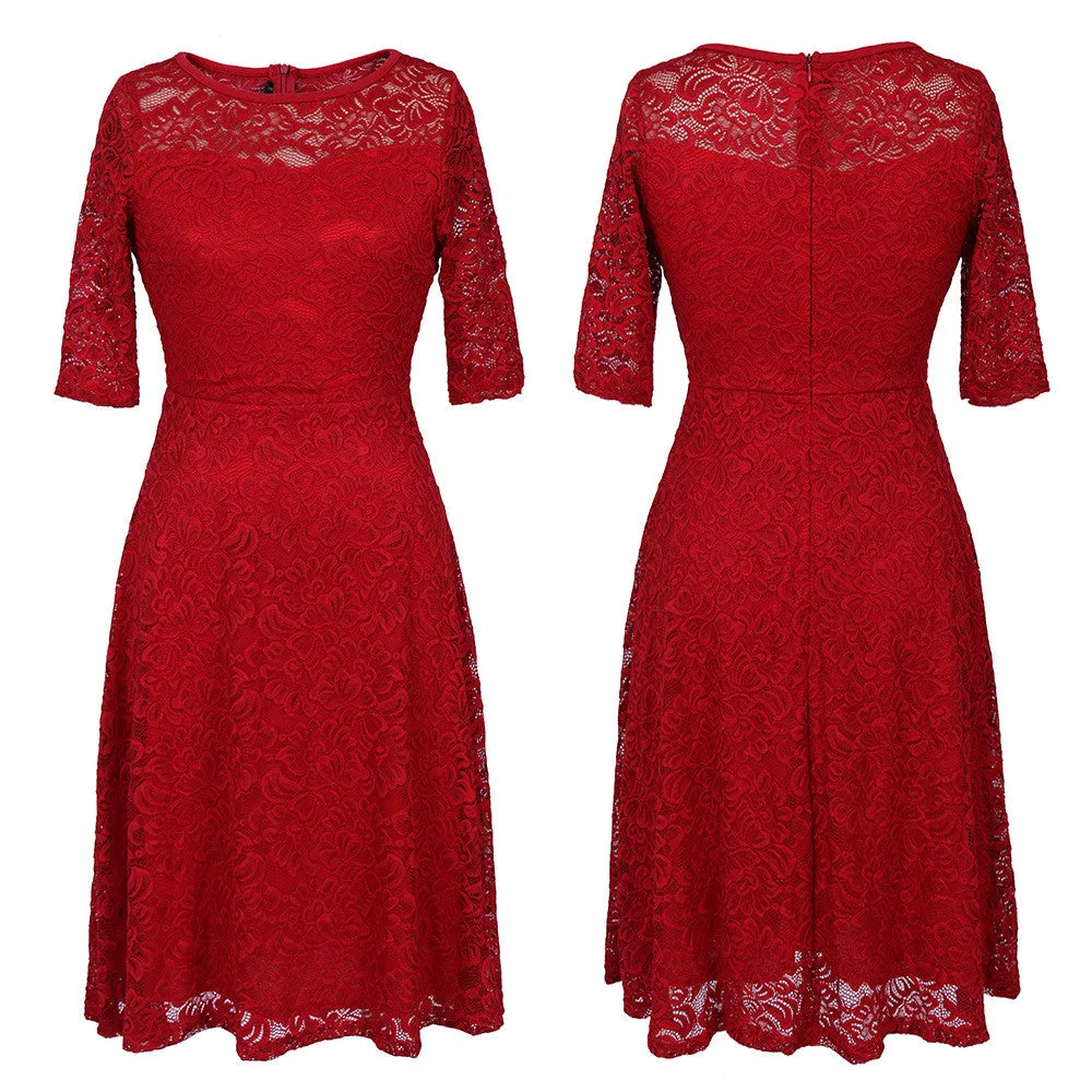 Elegant Floral Lace Short Sleeve Scoop Knee-Length Dress