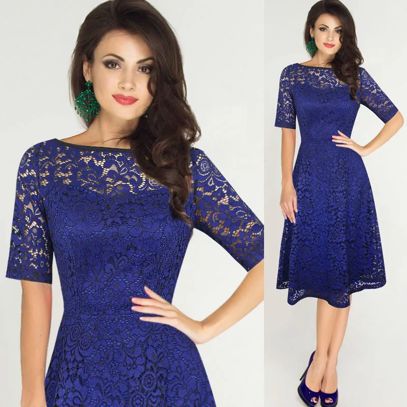 Elegant Floral Lace Short Sleeve Scoop Knee-Length Dress