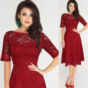 Elegant Floral Lace Short Sleeve Scoop Knee-Length Dress