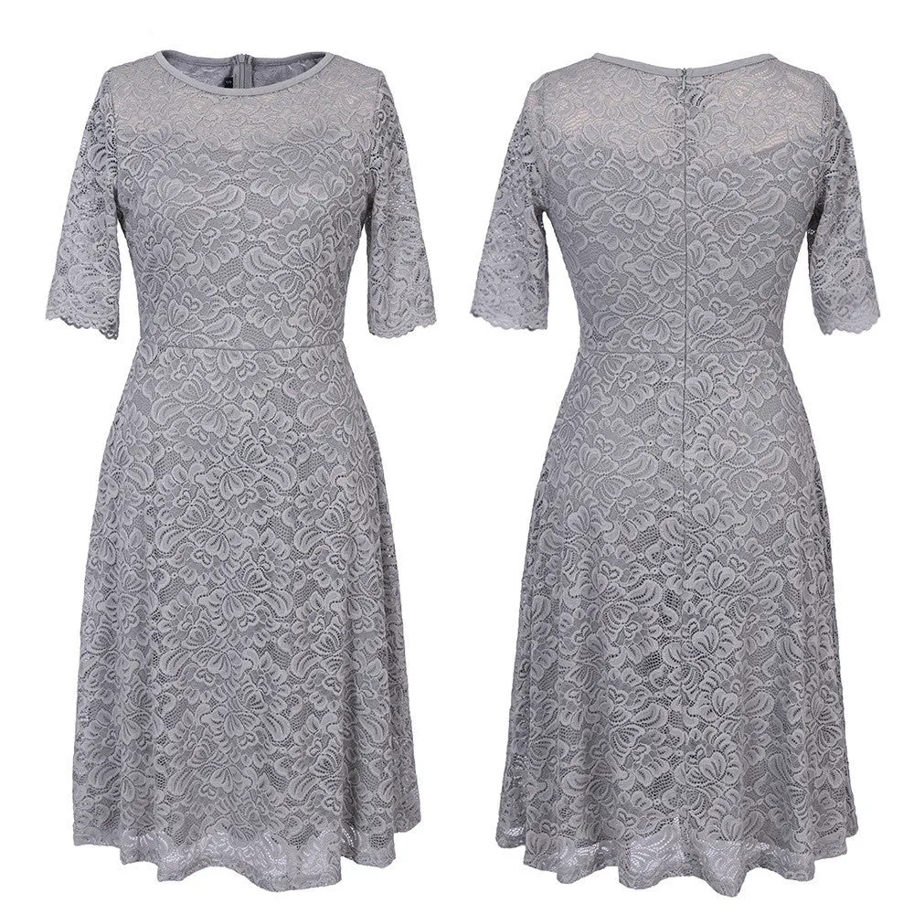 Elegant Floral Lace Short Sleeve Scoop Knee-Length Dress