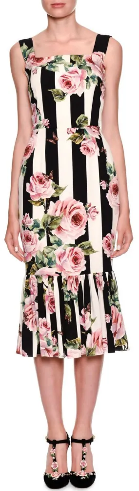 *Extended Sizes* Floral-Striped Brocade Midi Dress