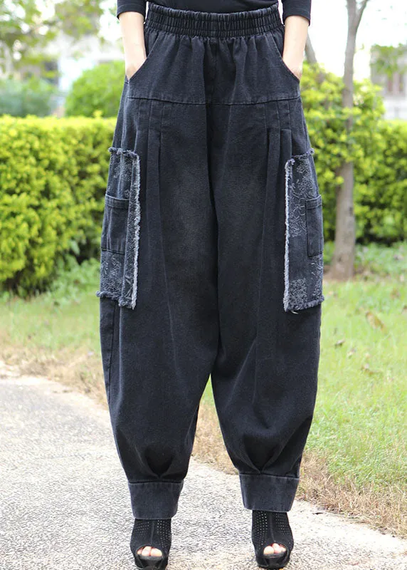 Fitted Black Grey Pockets Patchwork Jeans Winter Pants Trousers