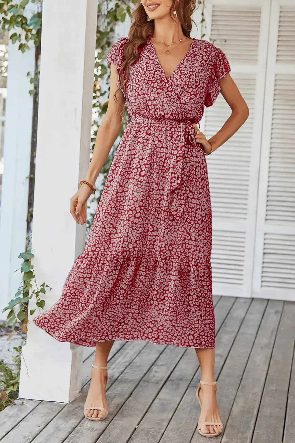 Floral Wrap V Neck Hem A-Line Bohemian Maxi Dress