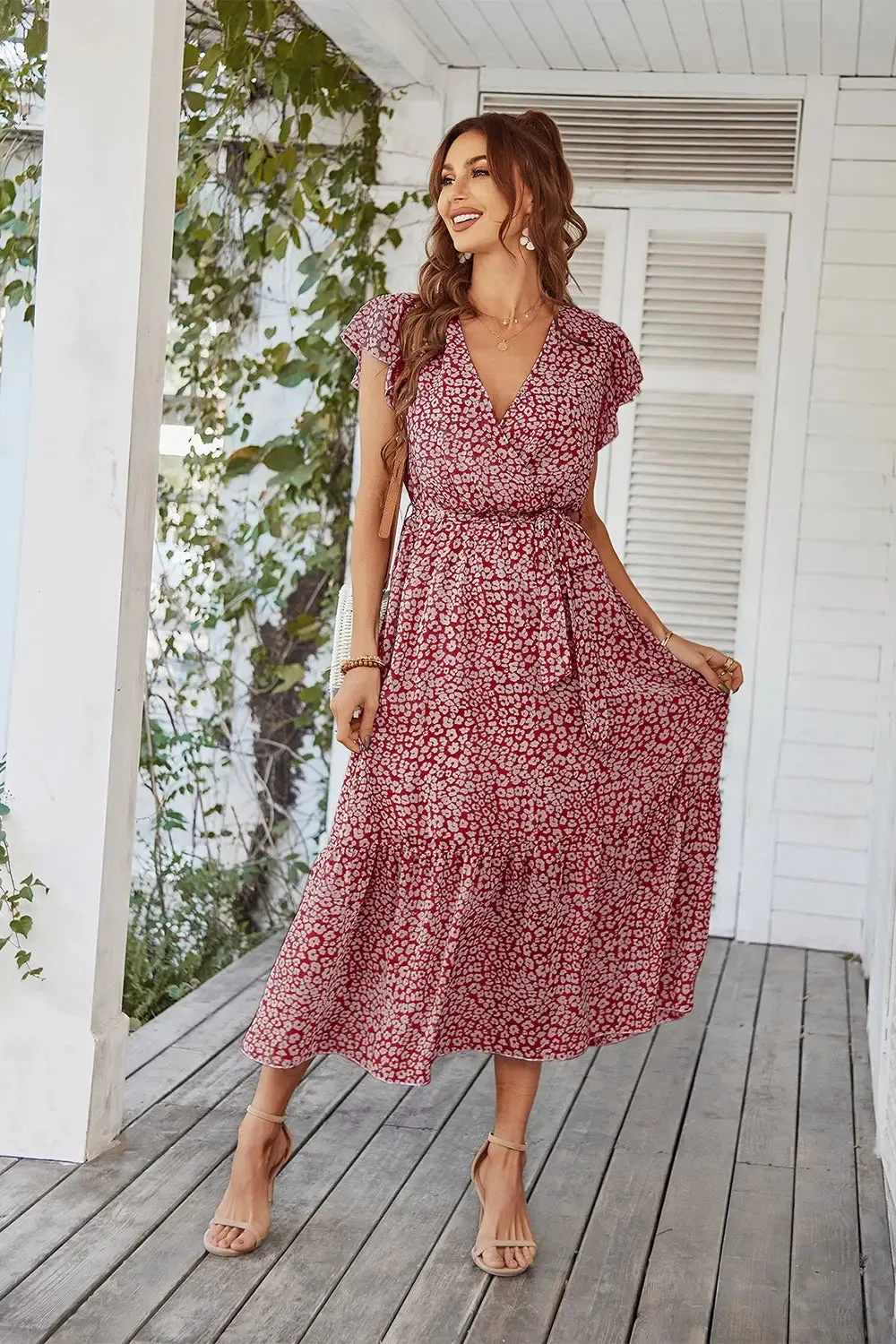 Floral Wrap V Neck Hem A-Line Bohemian Maxi Dress