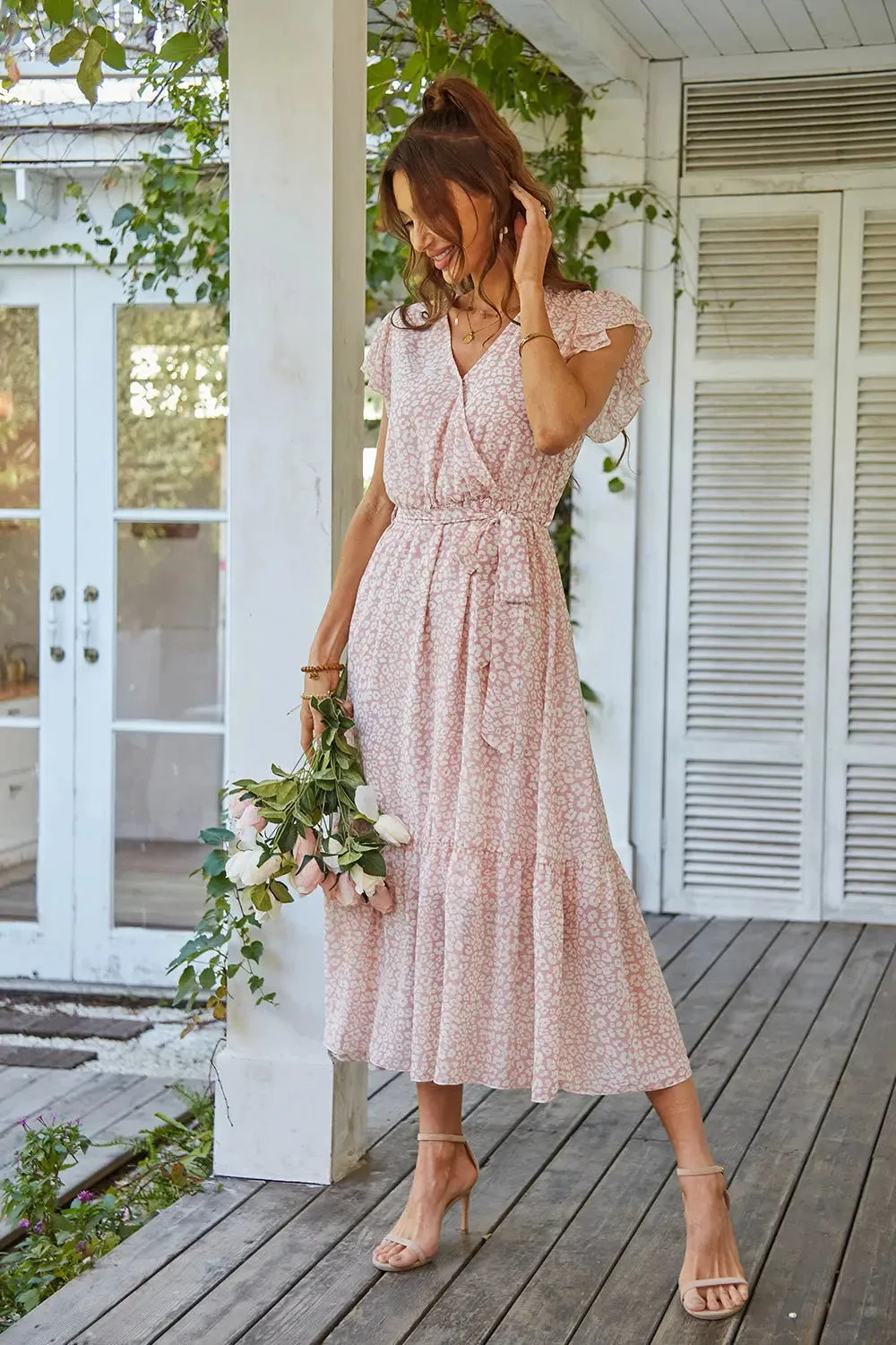 Floral Wrap V Neck Hem A-Line Bohemian Maxi Dress