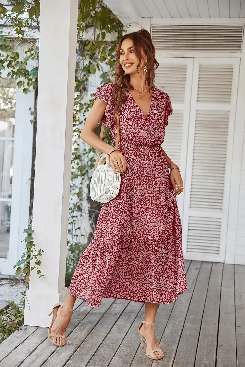 Floral Wrap V Neck Hem A-Line Bohemian Maxi Dress