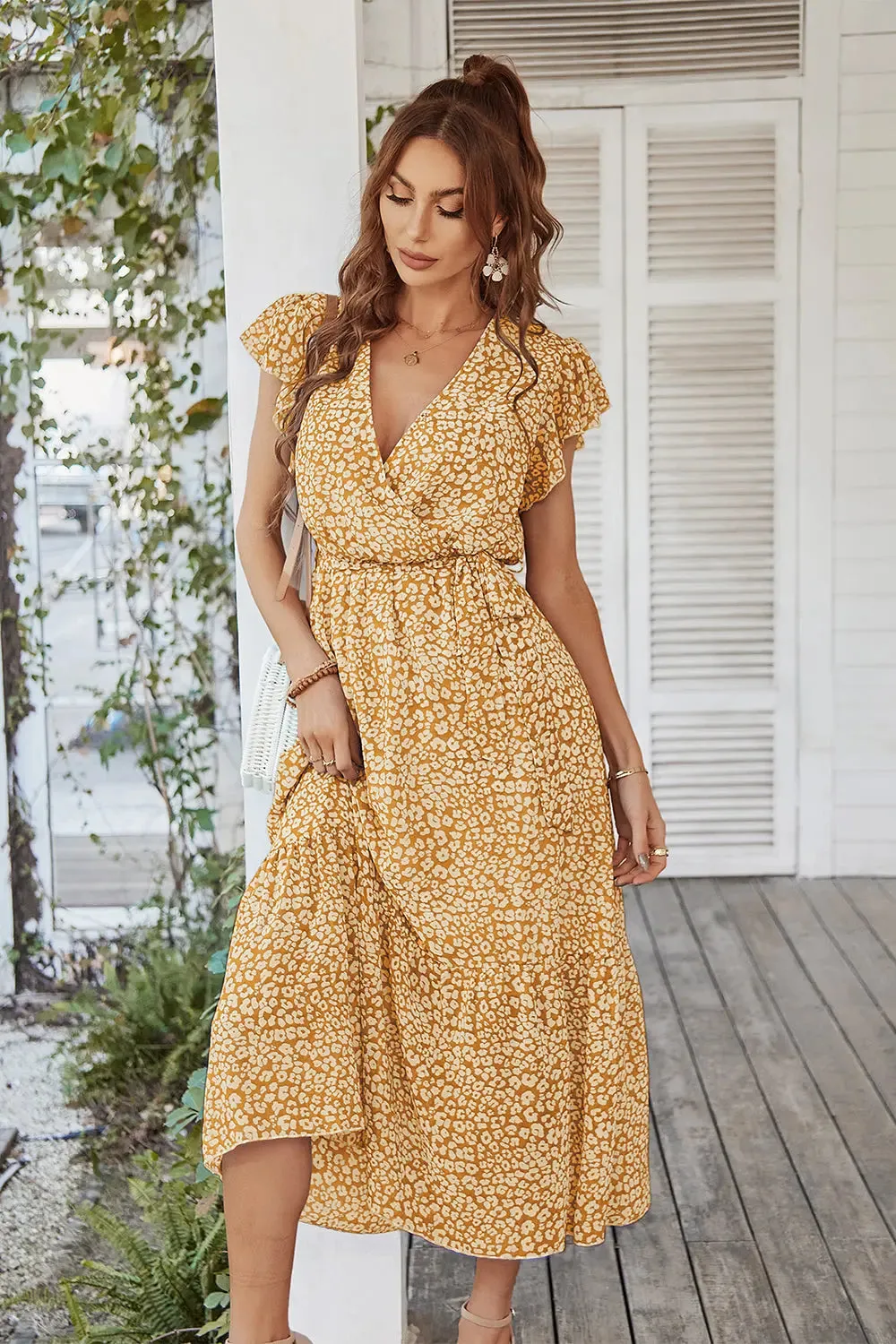 Floral Wrap V Neck Hem A-Line Bohemian Maxi Dress