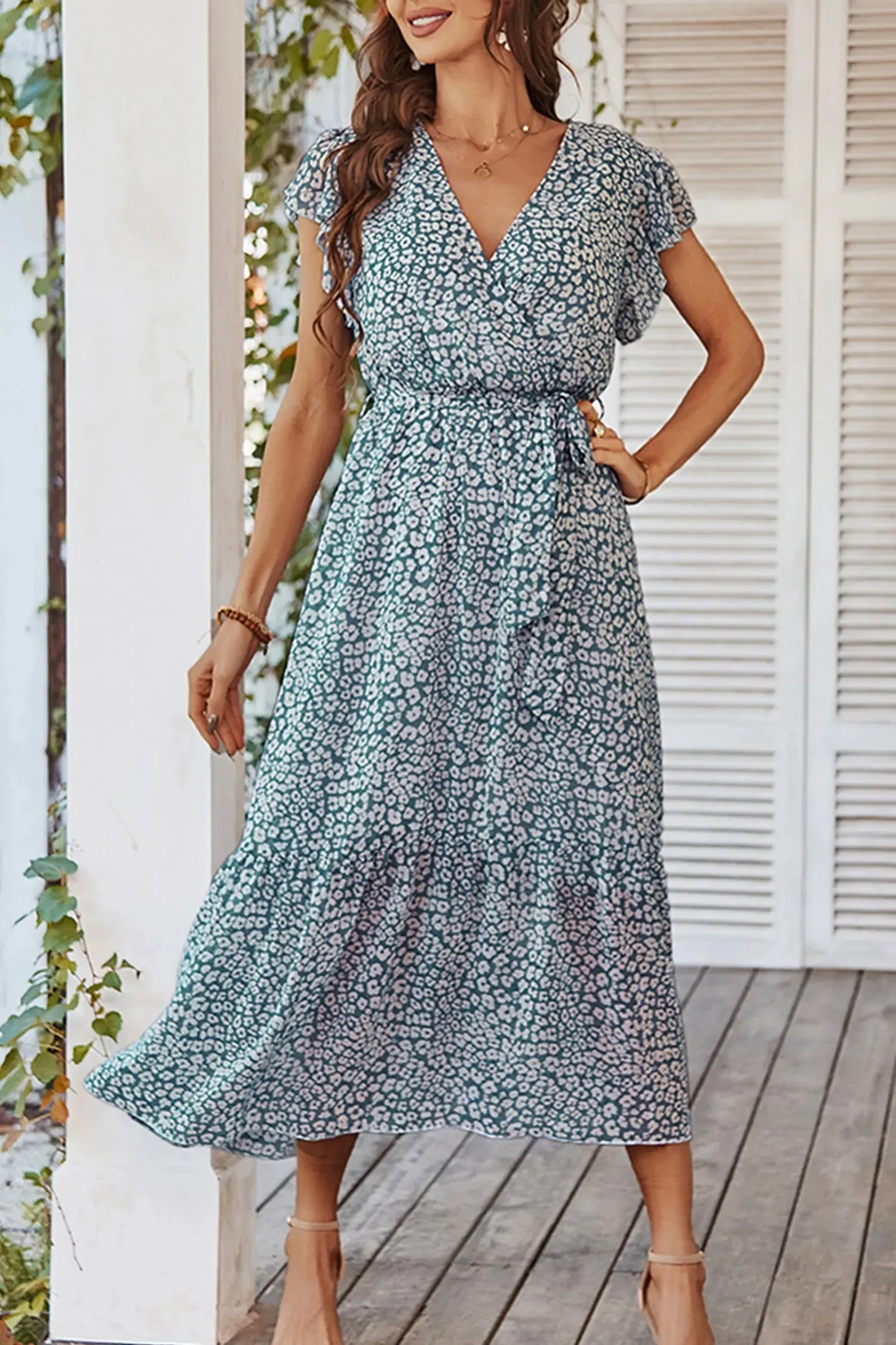 Floral Wrap V Neck Hem A-Line Bohemian Maxi Dress