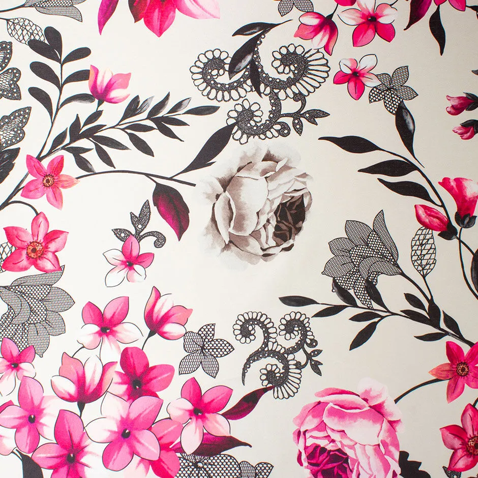 Fuchsia Pink Floral Taupe Silk Blend Mikado