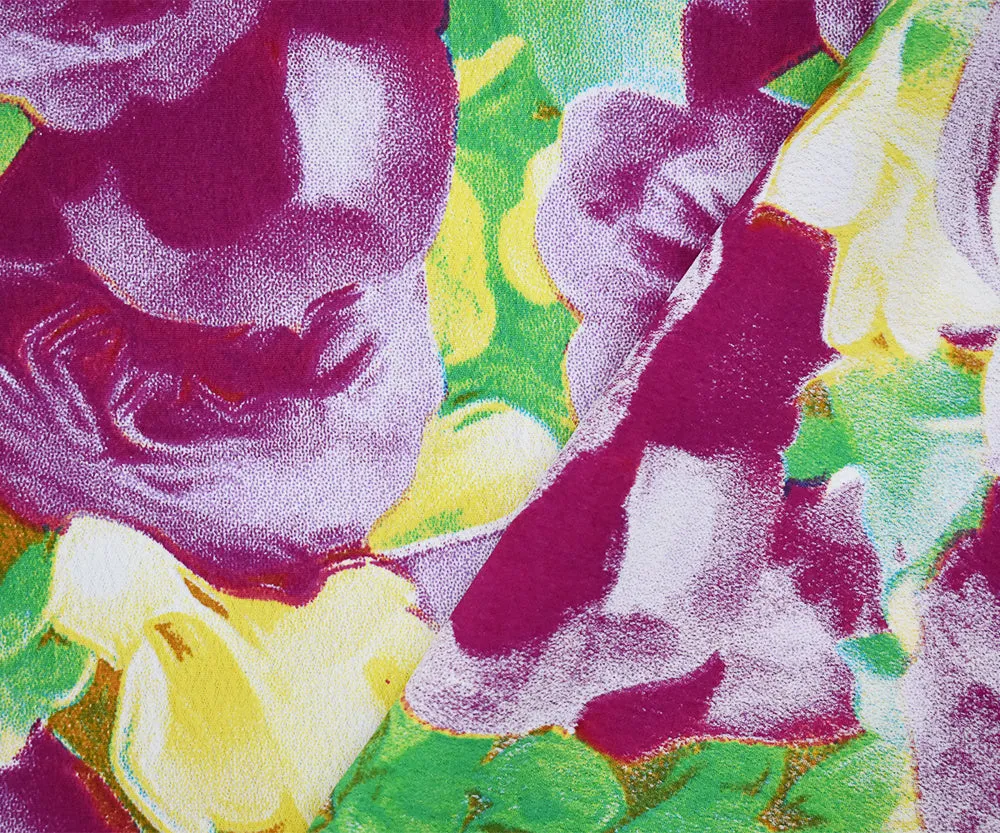 Fuchsia Pink-Yellow-Multi Floral Printed Rayon Crepe Faille Woven Fabric