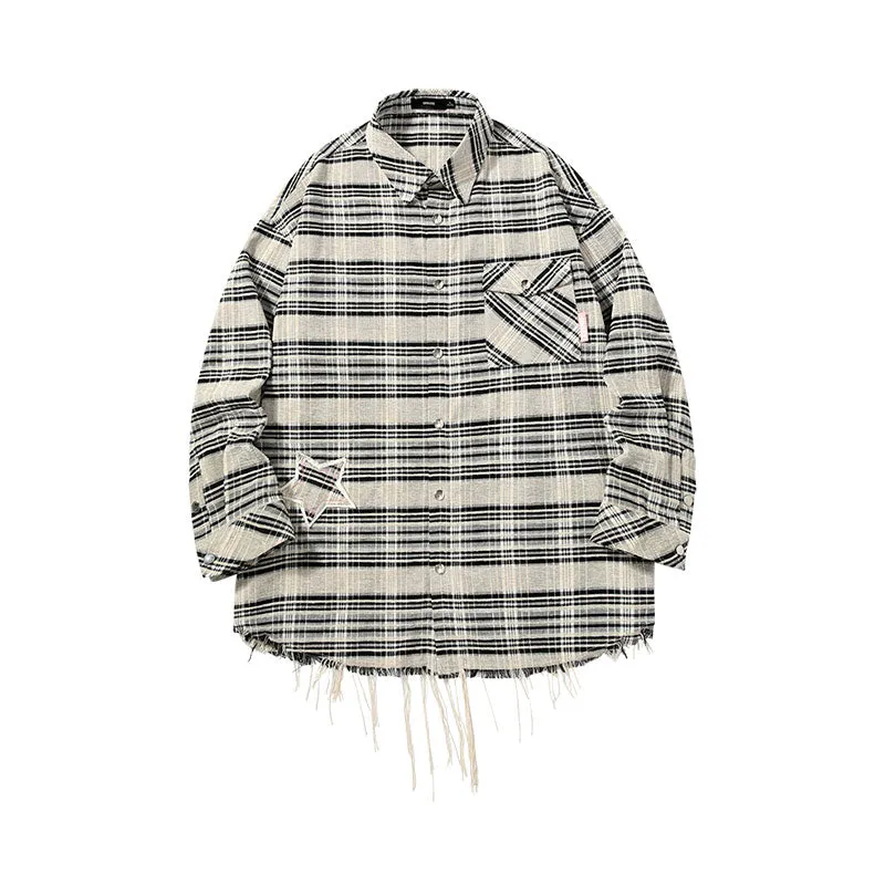 【GENANX2024NEW】Long-sleeved shirt in contrasting plaid with irregular raw hem