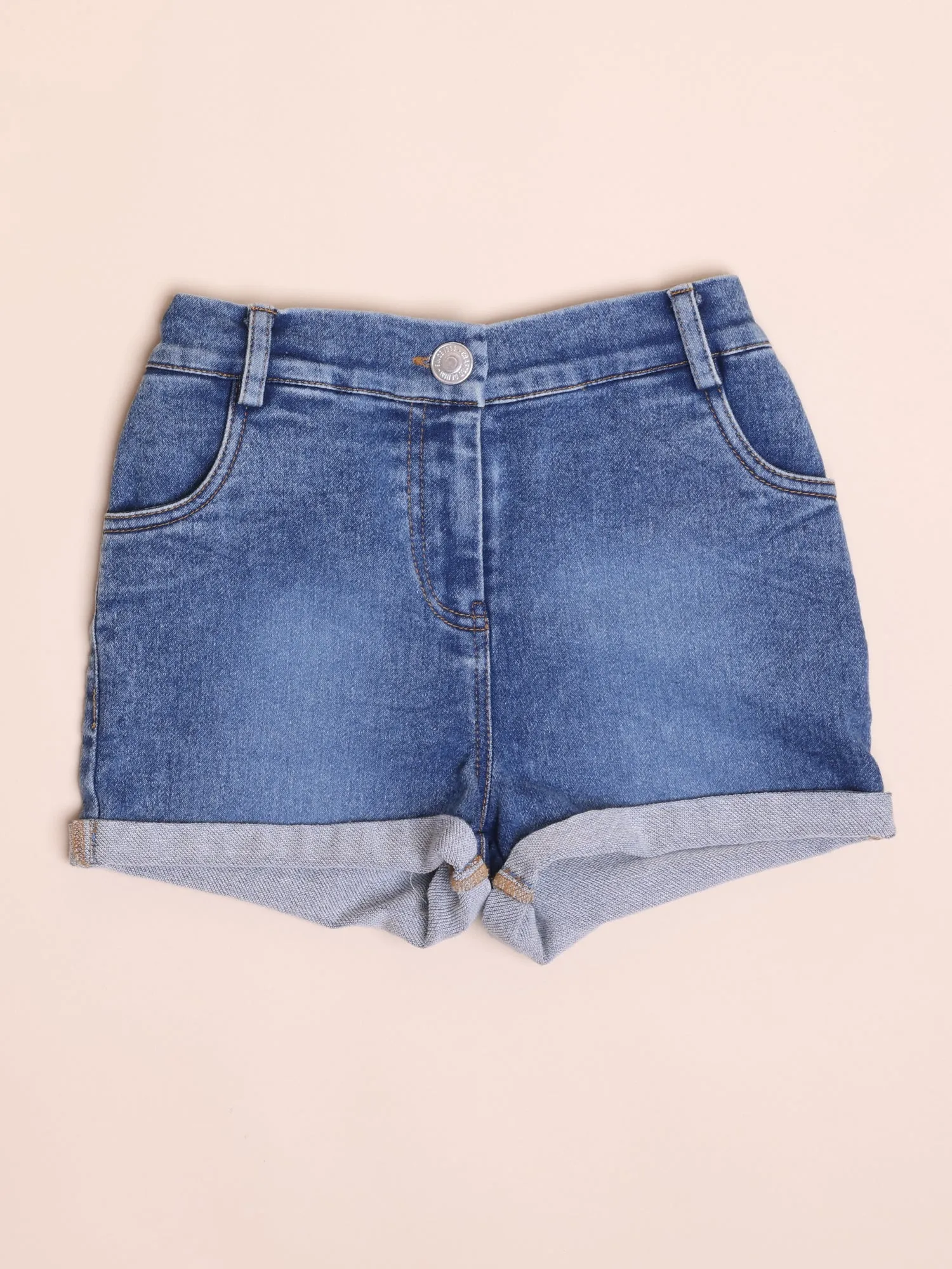 Girls Blue Mid Rise Denim Shorts With Bottom Fold