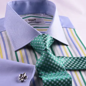 Green Striped Unique Contrast Formal Business Dress Shirt Wrinkle Free French in Double Cuffs