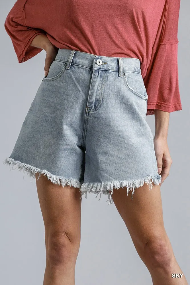 High Rise Denim Shorts With Raw Hem