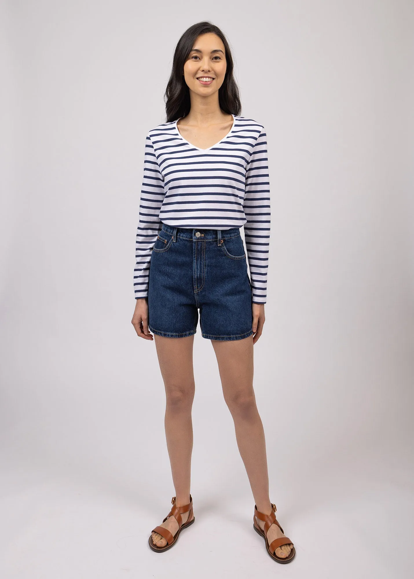 Hoedic V neck sailor striped shirt - long sleeves, in cotton (NEIGE/MARINE)