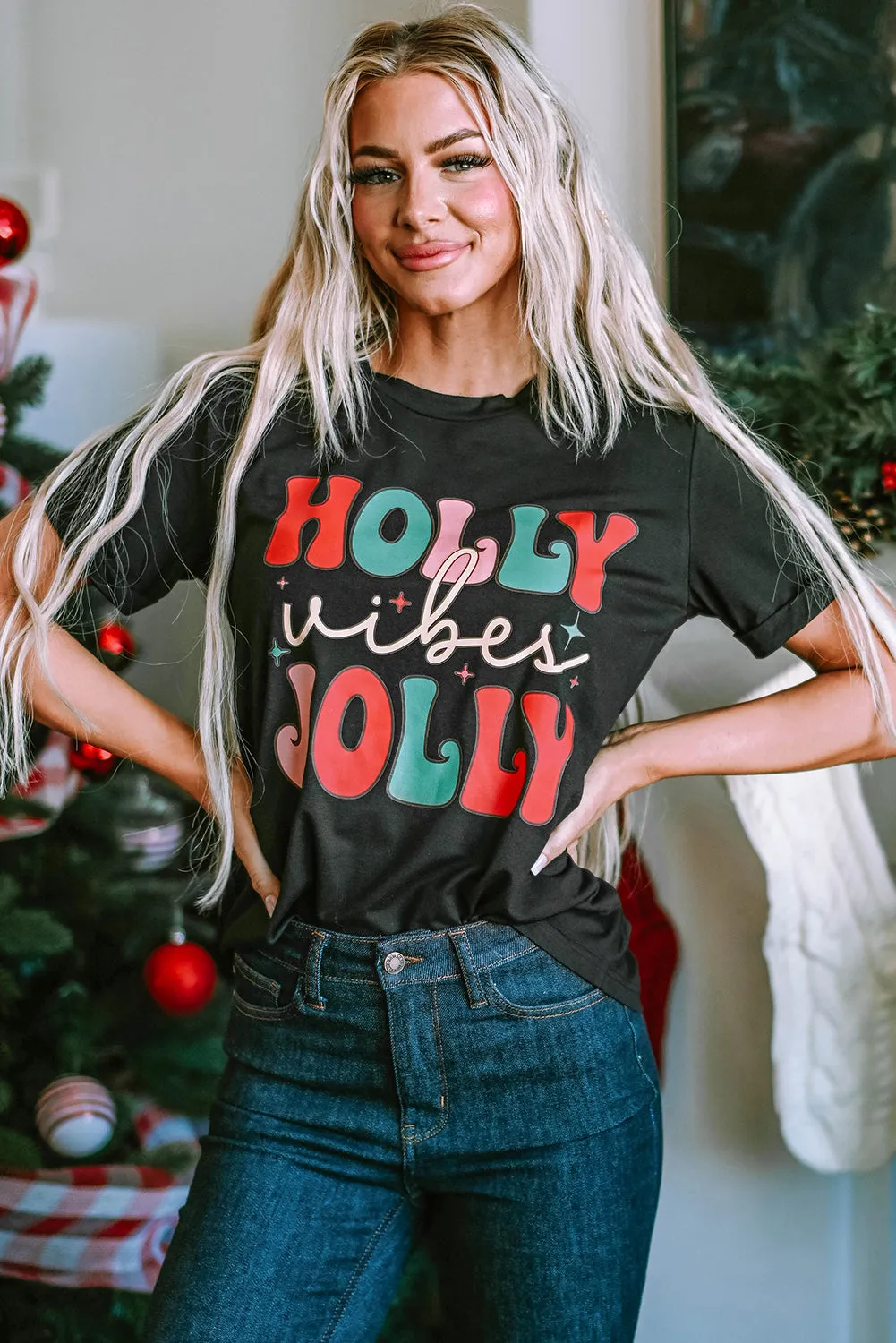 HOLLY JOLLY Vibes Christmas Crew Neck T Shirt