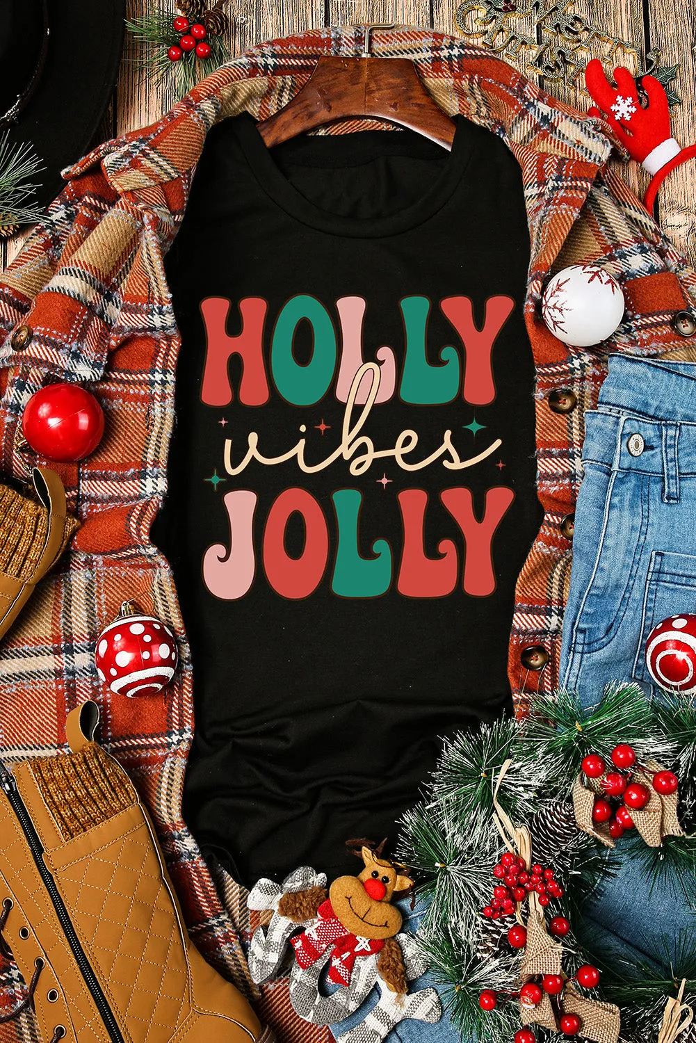 HOLLY JOLLY Vibes Christmas Crew Neck T Shirt