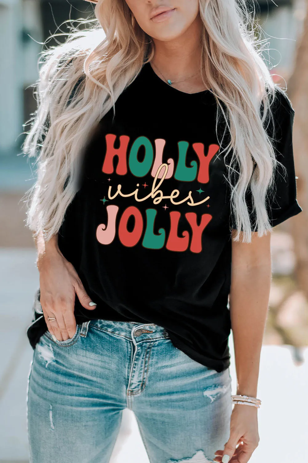 HOLLY JOLLY Vibes Christmas Crew Neck T Shirt