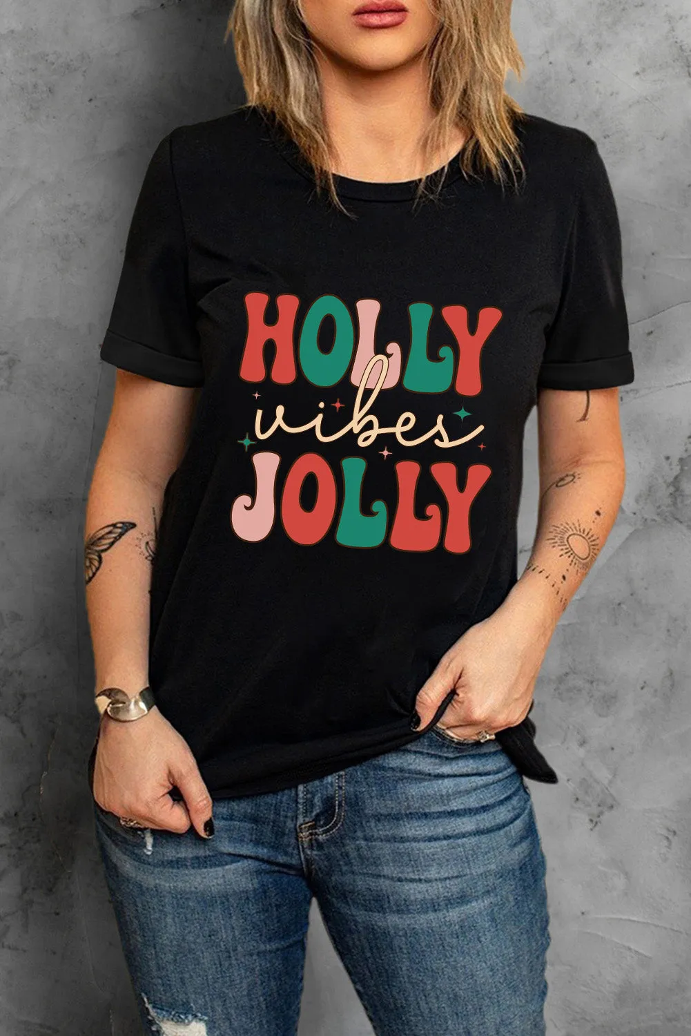 HOLLY JOLLY Vibes Christmas Crew Neck T Shirt