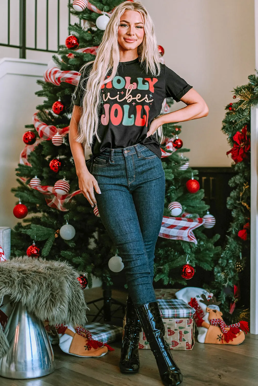 HOLLY JOLLY Vibes Christmas Crew Neck T Shirt