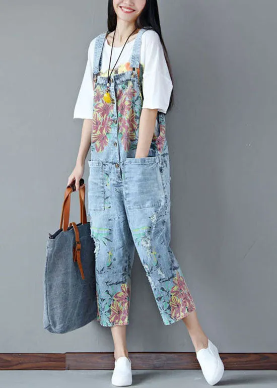 Italian light Blue pockets Print ripped Jeans Jumpsuits Summer