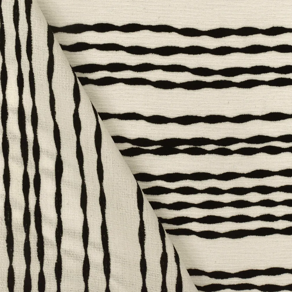 Ivory-Black Bump Stripe Printed Striated Texture Crepe Fabric