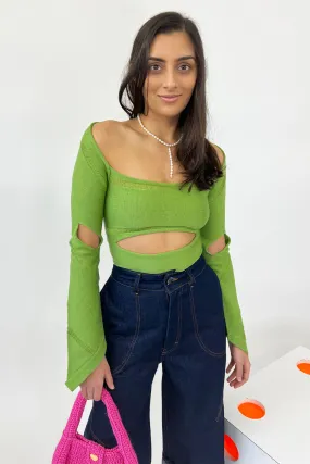 July Li - Fitted Cutout Knit Top: Avocado Green