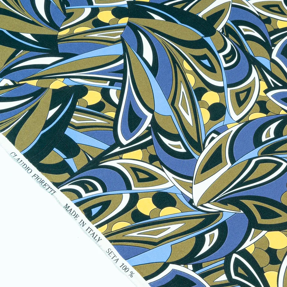 Khaki, Blue & Yellow Abstract Printed Silk Crêpe