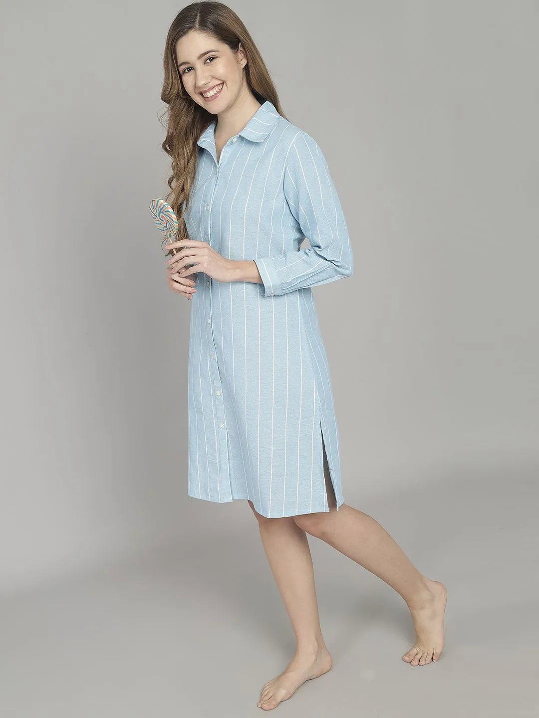 Light Blue And White Stripe Knee Length Cotton Sleep Shirt