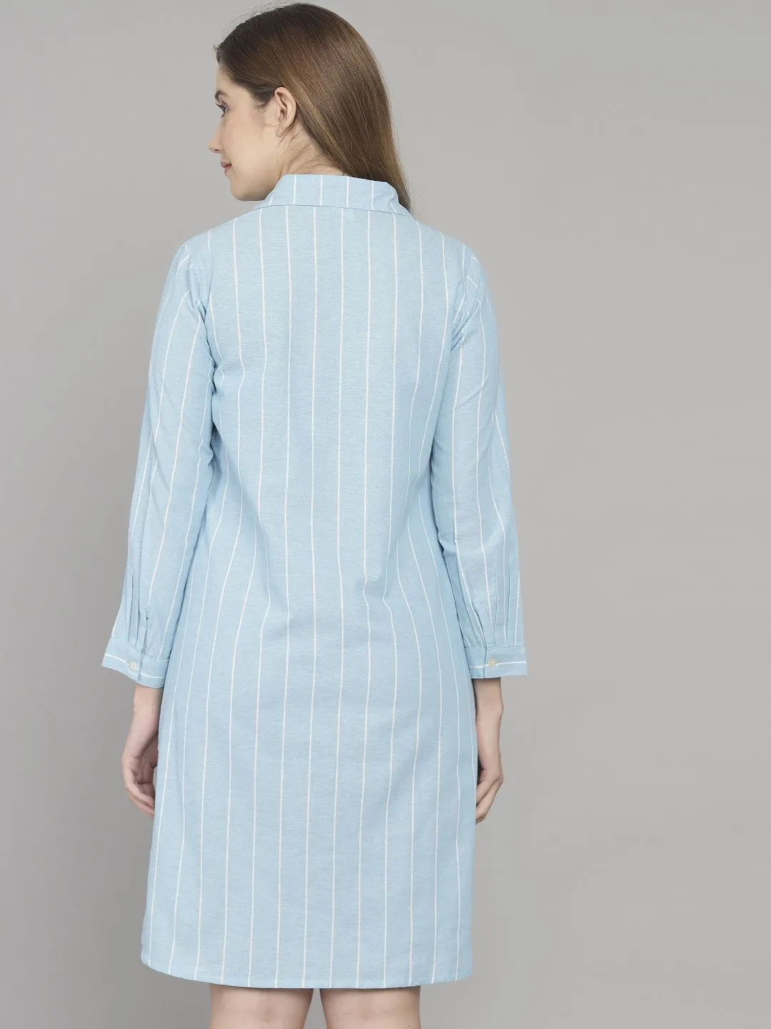 Light Blue And White Stripe Knee Length Cotton Sleep Shirt