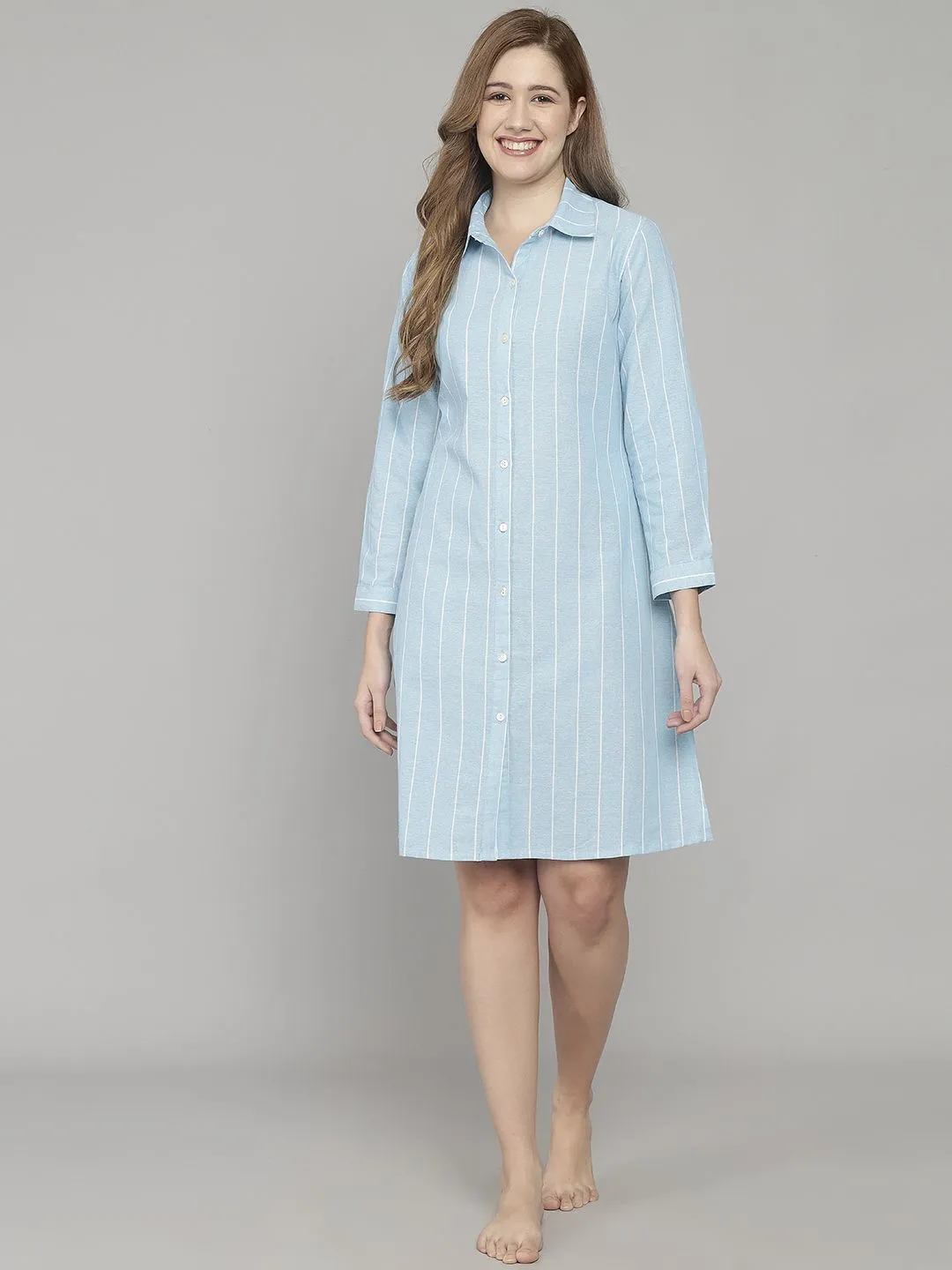 Light Blue And White Stripe Knee Length Cotton Sleep Shirt