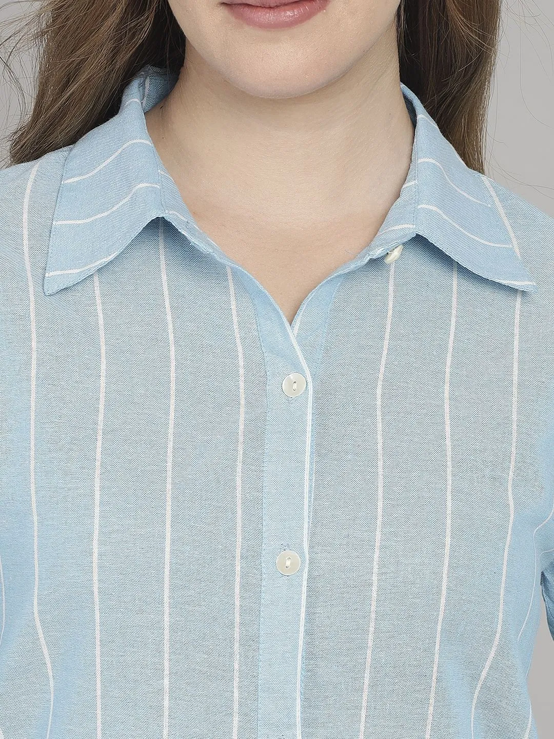 Light Blue And White Stripe Knee Length Cotton Sleep Shirt