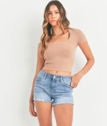 Light Denim Mid Rise Fray Edge Everyday Shorts by Just USA