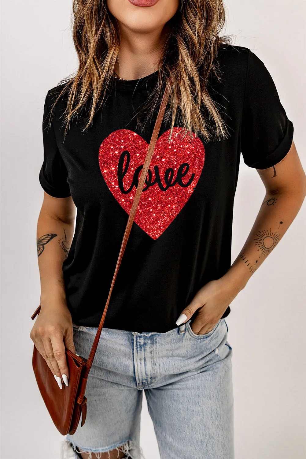 Love Heart Shaped Glitter Print T Shirt