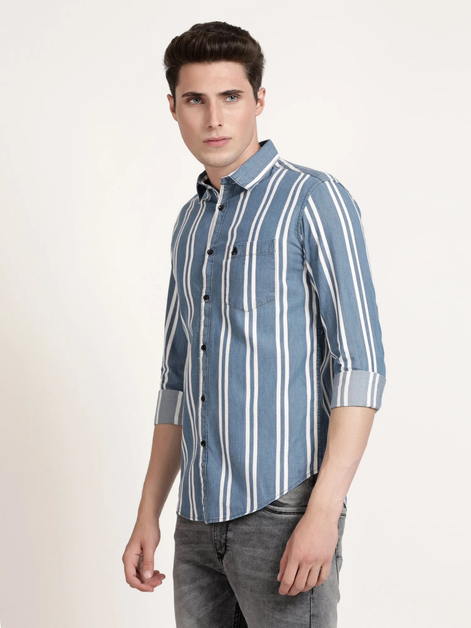 Men Blue Striped Semi Formal Shirt (GBRJ6013)