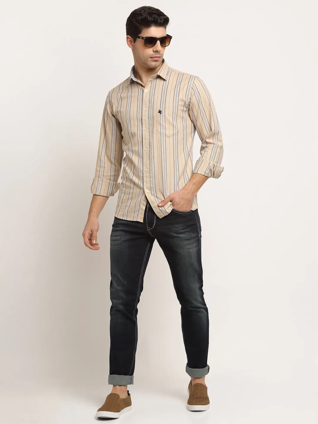 Men Cotton Striped Beige Full Sleeve Casual Shirt for Men with Pocket