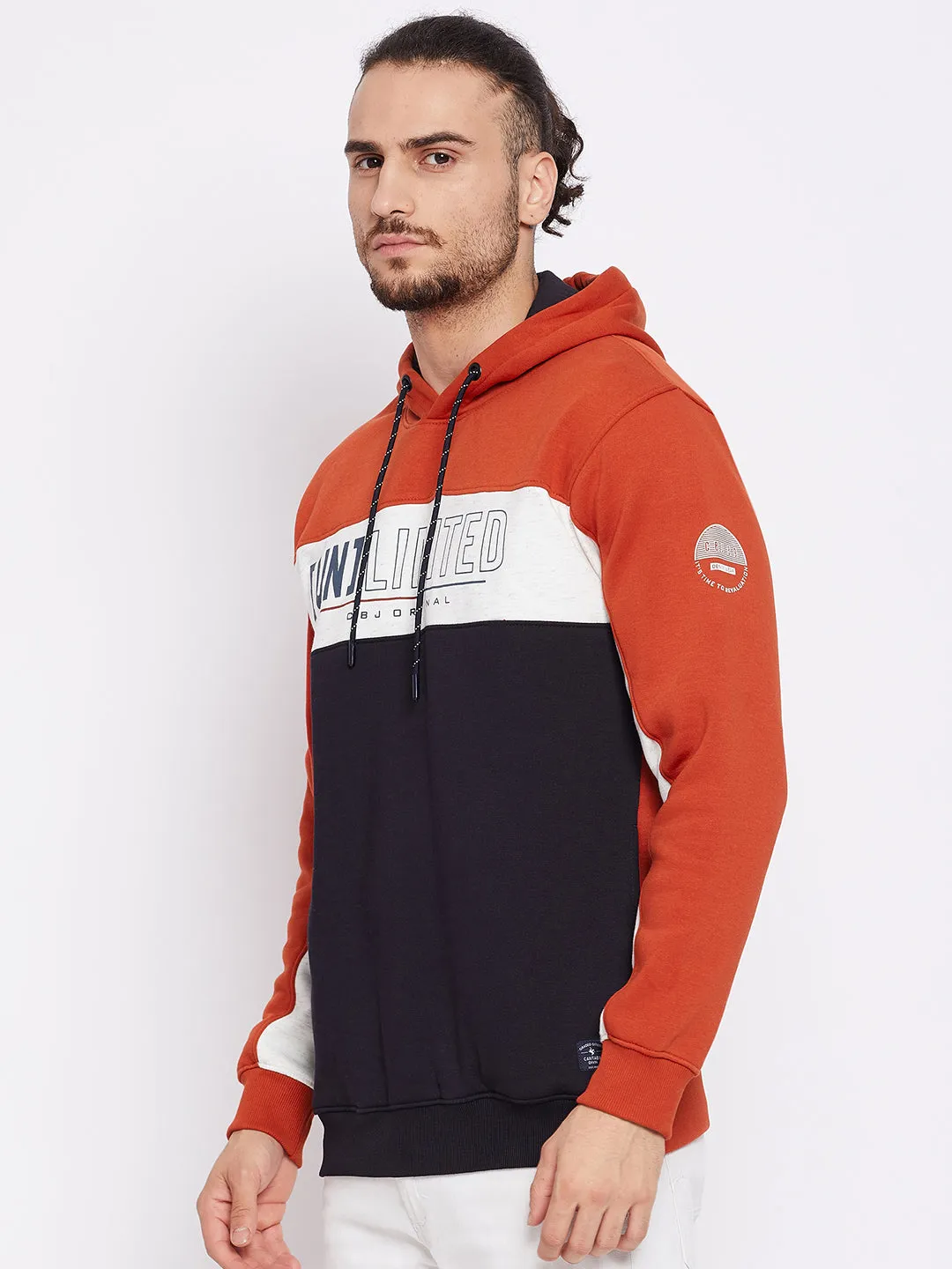 Men Rust Full Sleeves Hooded Neck Casual Sweatshirt