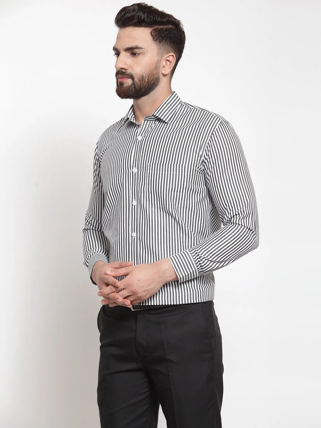 Men's Black Cotton Striped Formal Shirts ( SF 735Black ) - Jainish