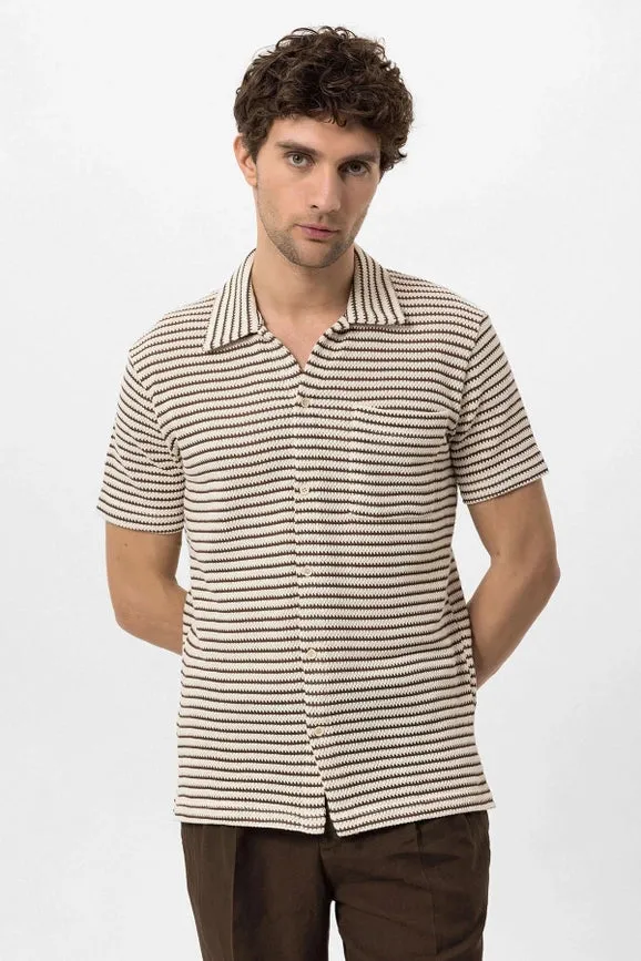 Men's Brown Knit Striped Short Sleeve Shirt